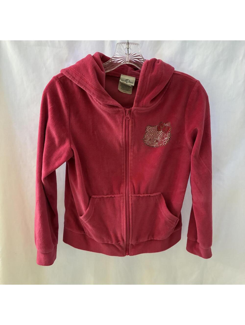 Hello Kitty Sz XS Hot Pink Rhinestone Soft Velour Fill Zip Hooded Jacket
